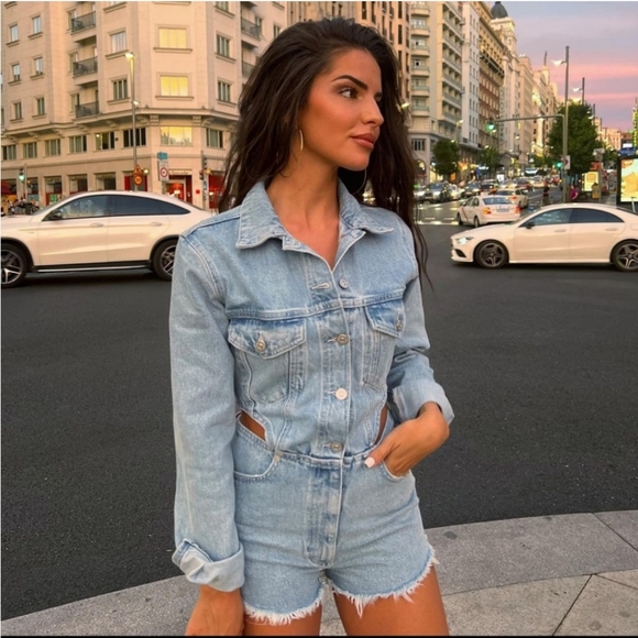 Zara cut out denim short blue wash jumpsuit - Picture 2 of 16